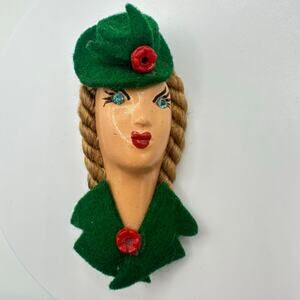 Elzac 1940s vintage lady woman’s face lady green felt rhinestones figural brooch